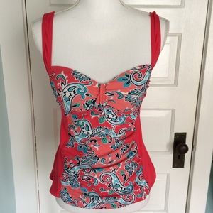 Tropical Escape Coral Paisley Tankini Swimsuit Top, Size Small